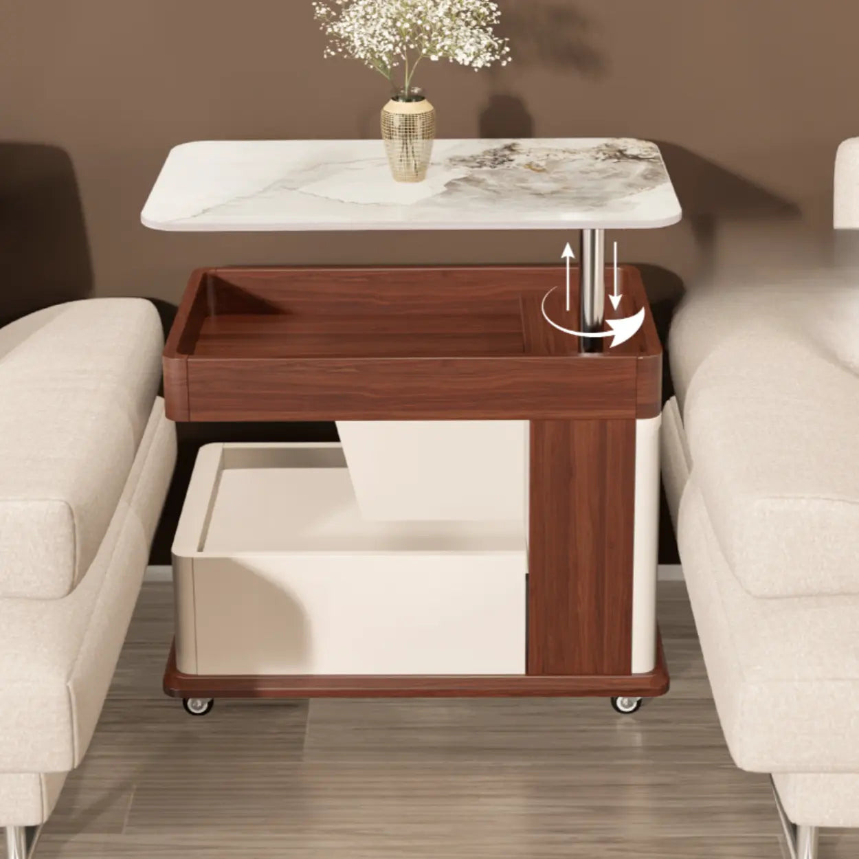 Rectangular Adjustable Brown Stone Side Table with Wheels