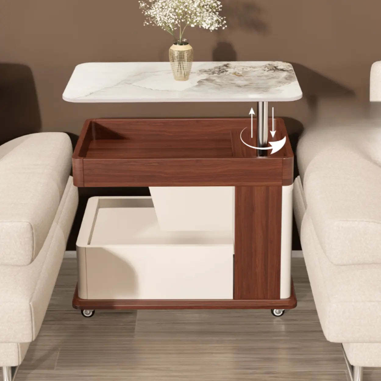 Rectangular Adjustable Brown Stone Side Table with Wheels