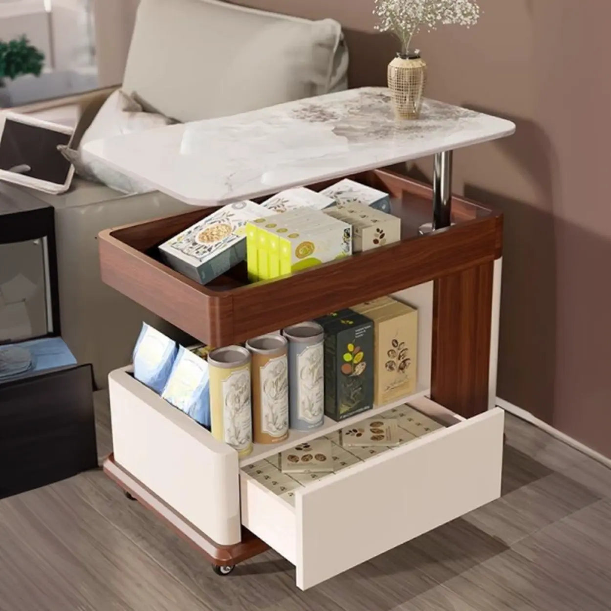 Rectangular Adjustable Brown Stone Side Table with Wheels