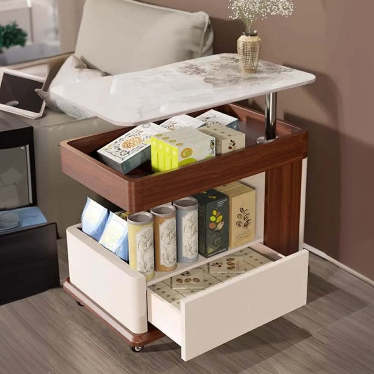Rectangular Adjustable Brown Stone Side Table with Wheels