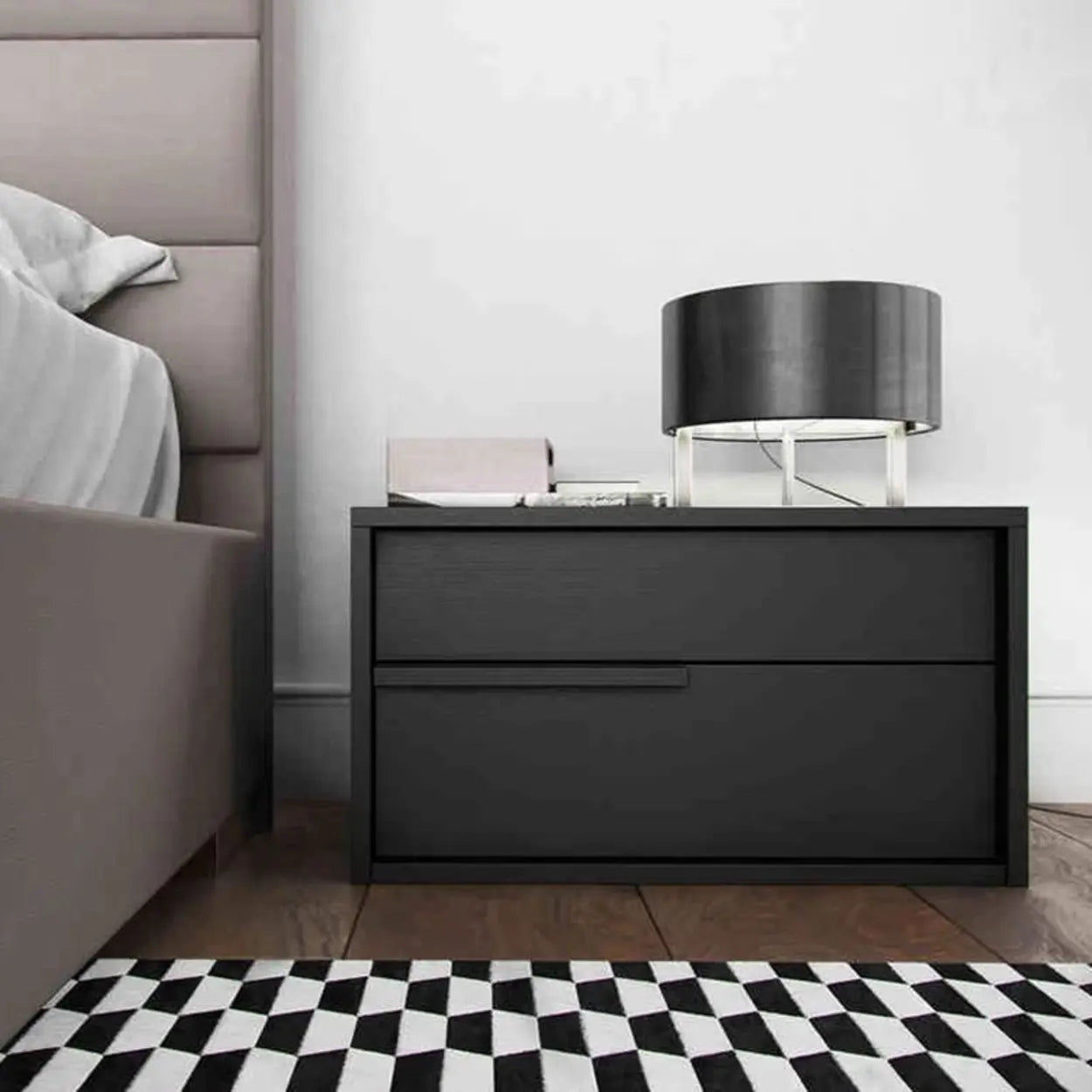 Black Rectangular Large Wood Drawer Nightstand