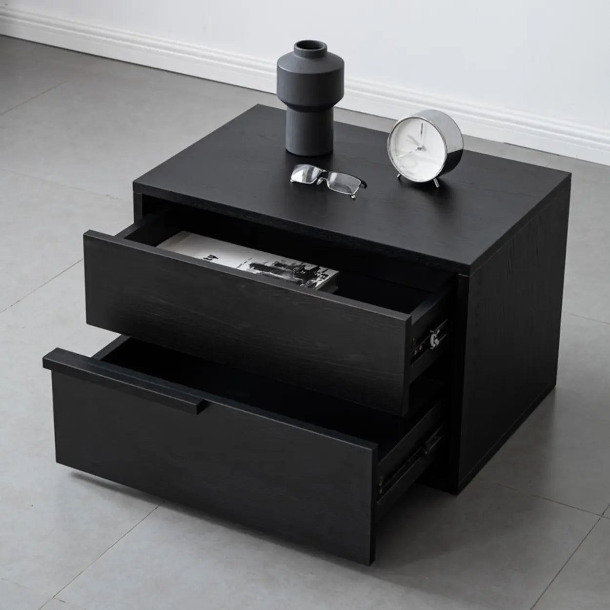 Black Rectangular Large Wood Drawer Nightstand