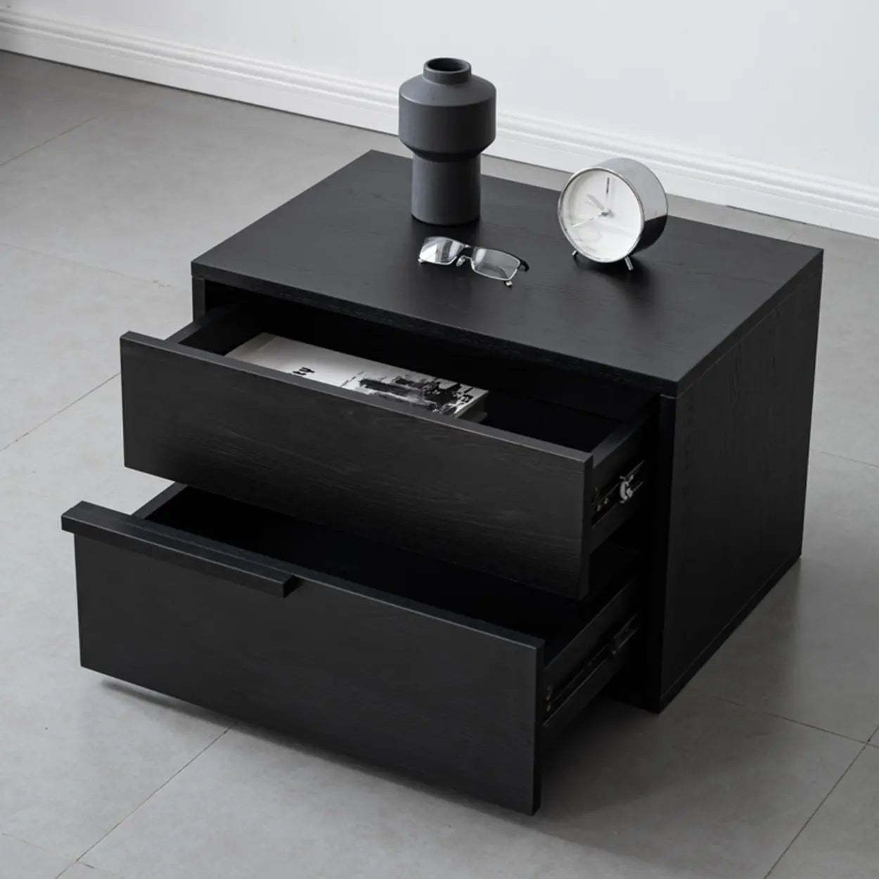 Black Rectangular Large Wood Drawer Nightstand