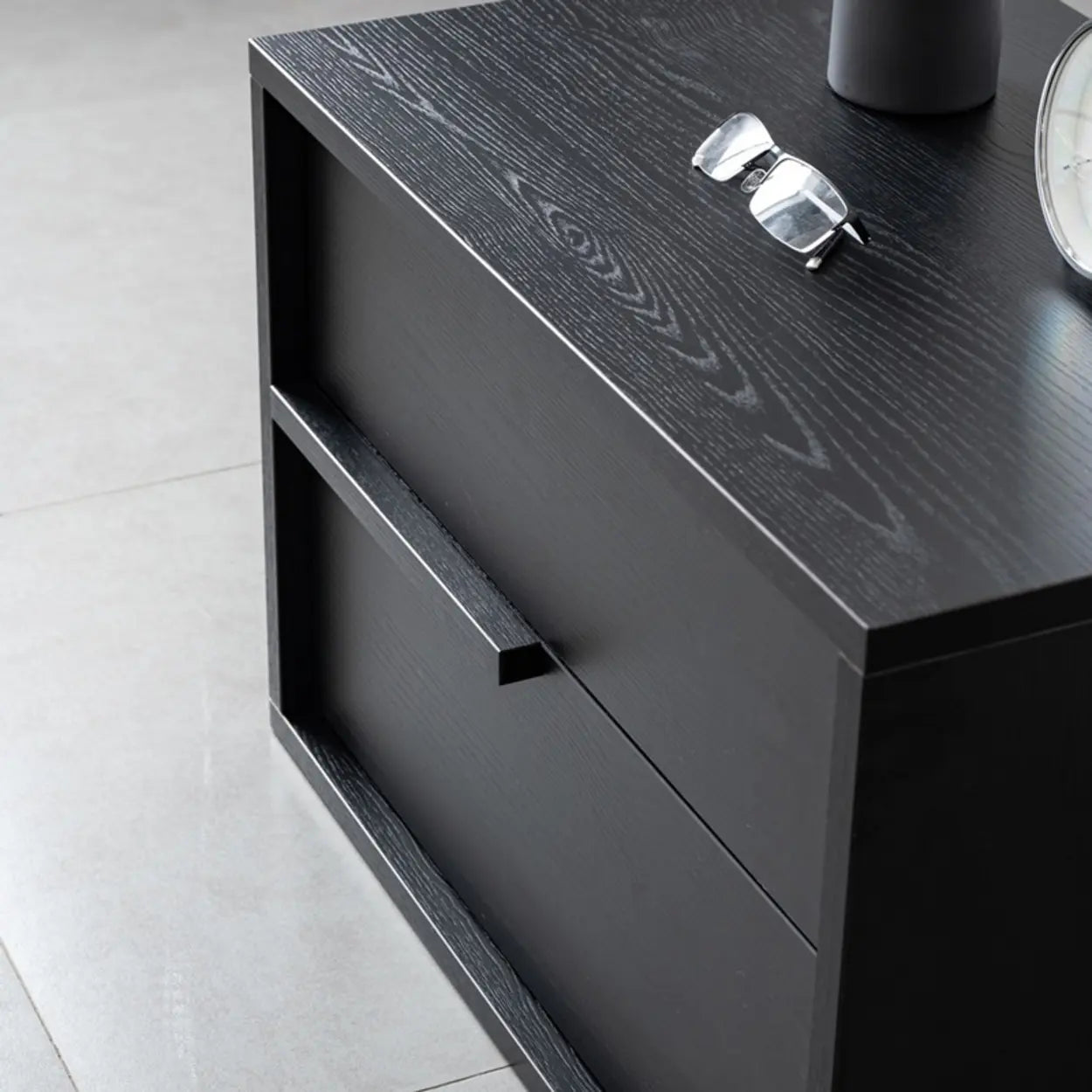Black Rectangular Large Wood Drawer Nightstand