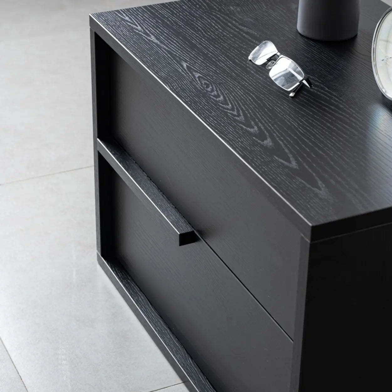 Black Rectangular Large Wood Drawer Nightstand