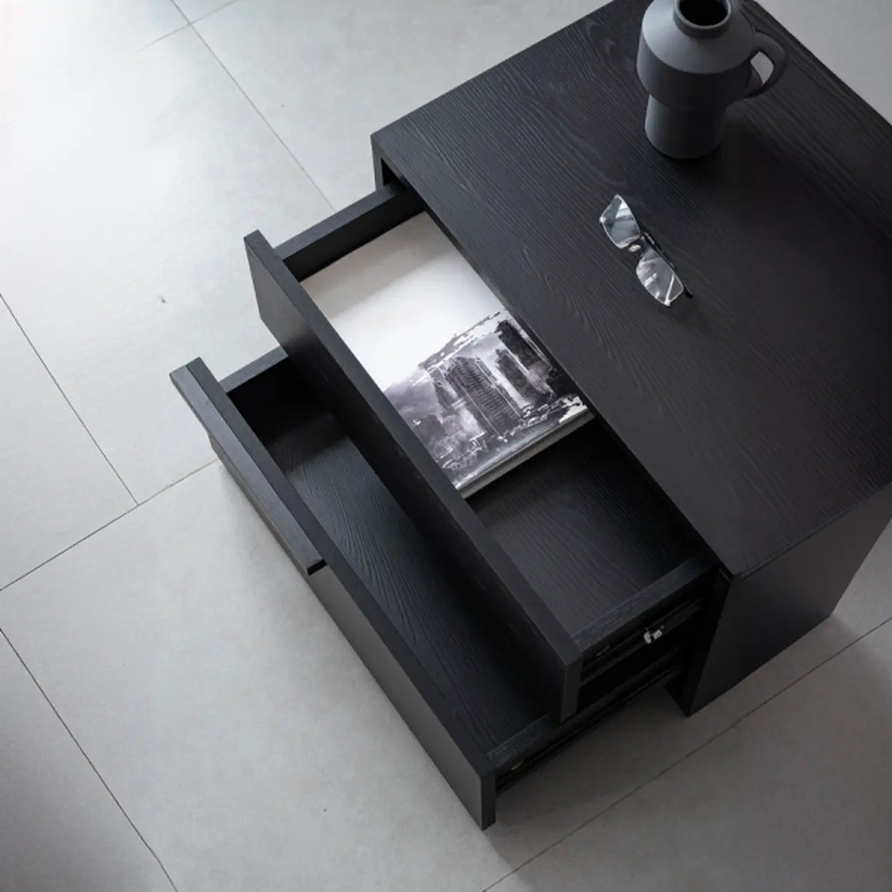 Black Rectangular Large Wood Drawer Nightstand