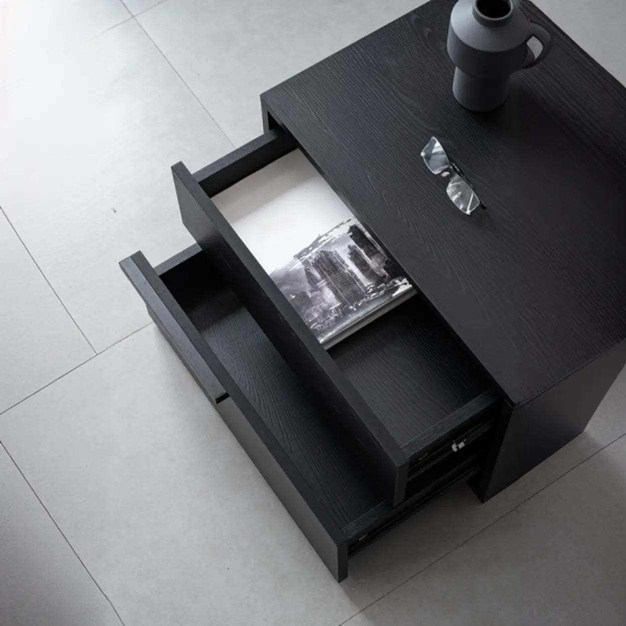 Black Rectangular Large Wood Drawer Nightstand