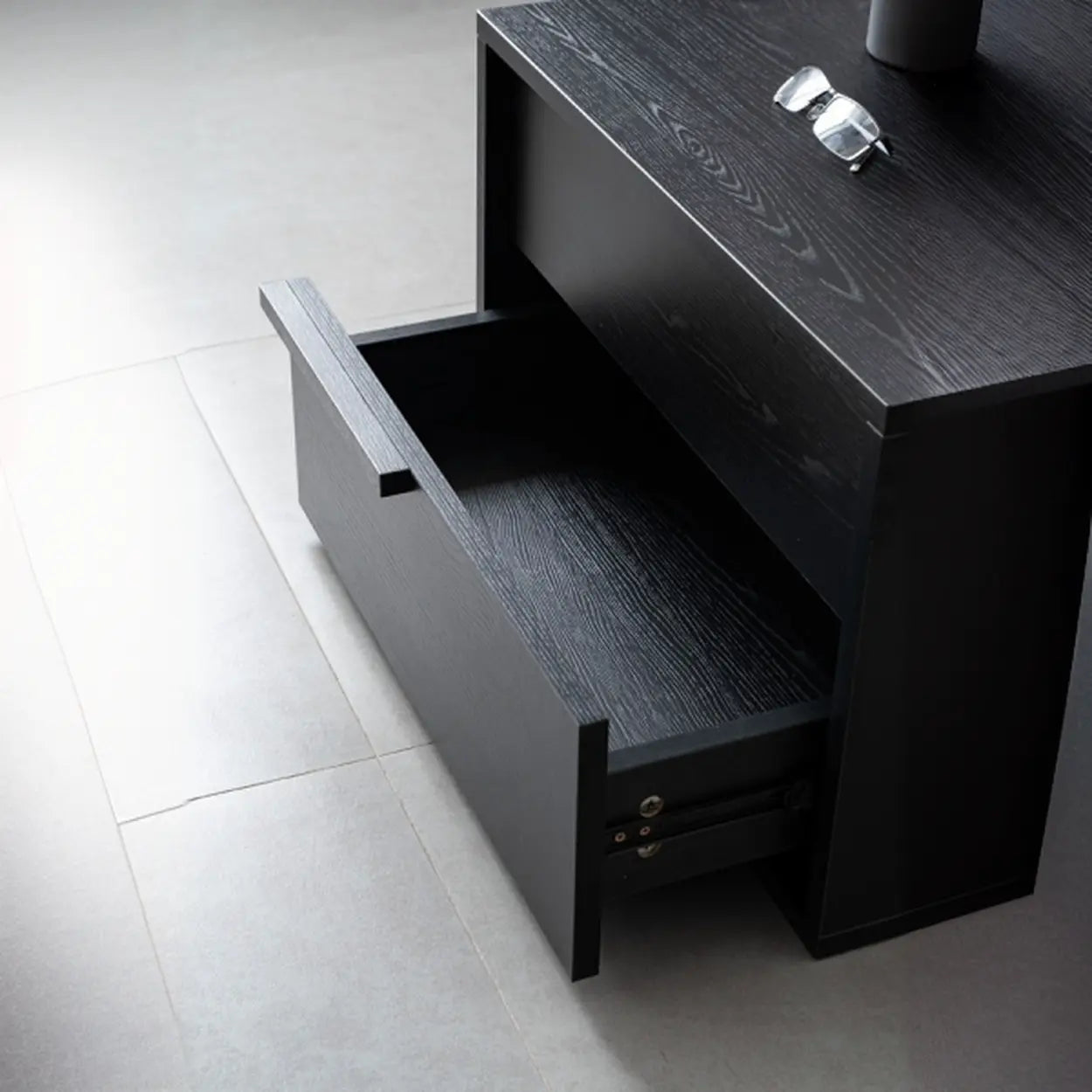 Black Rectangular Large Wood Drawer Nightstand