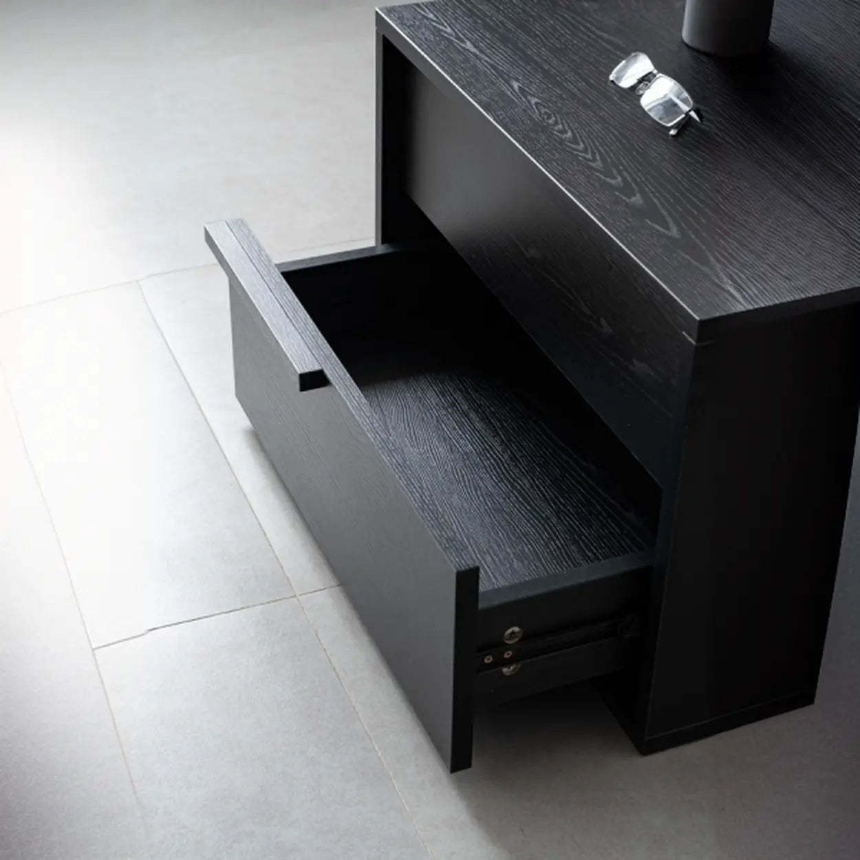 Black Rectangular Large Wood Drawer Nightstand