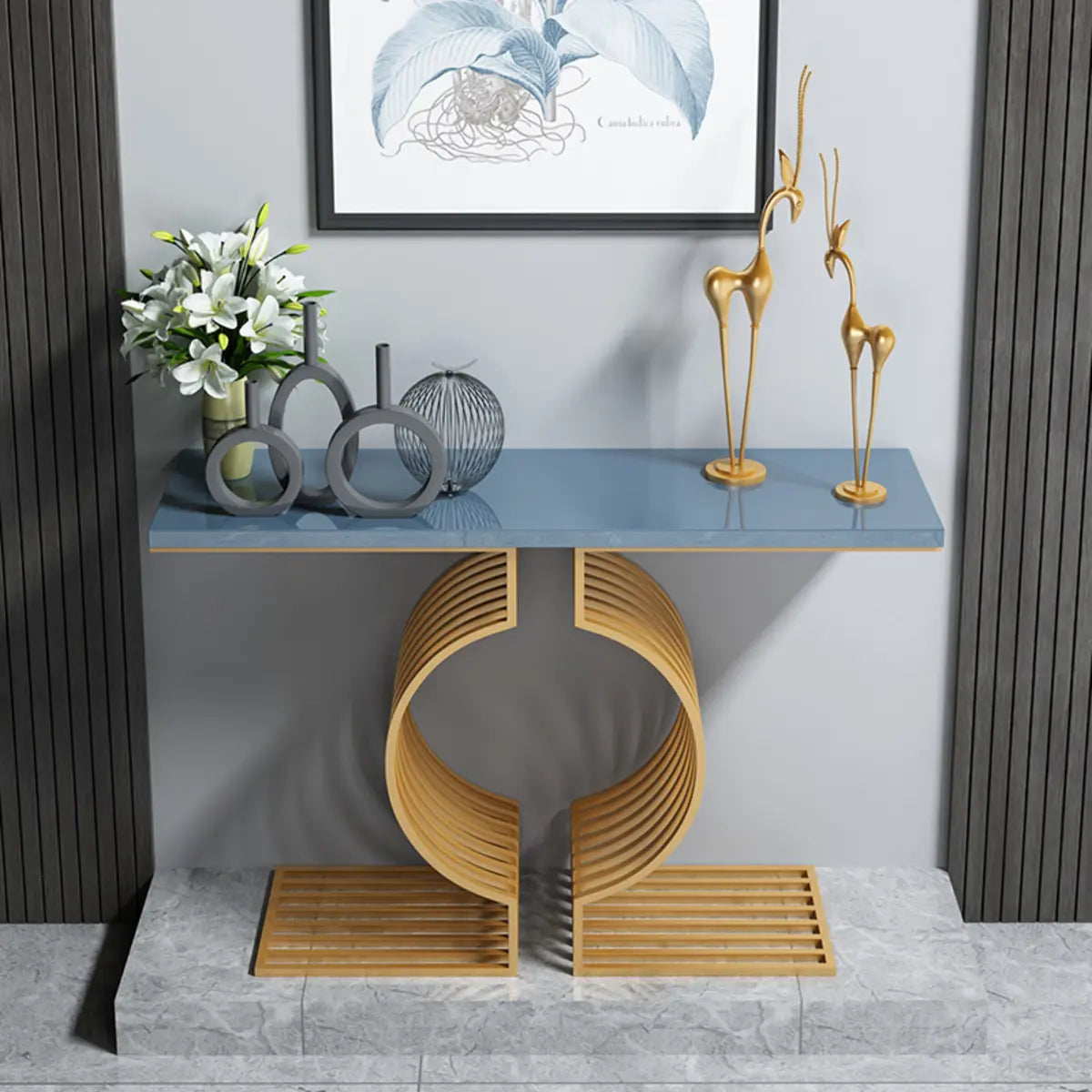 Blue Wood Geometric Entry Console Table — Black