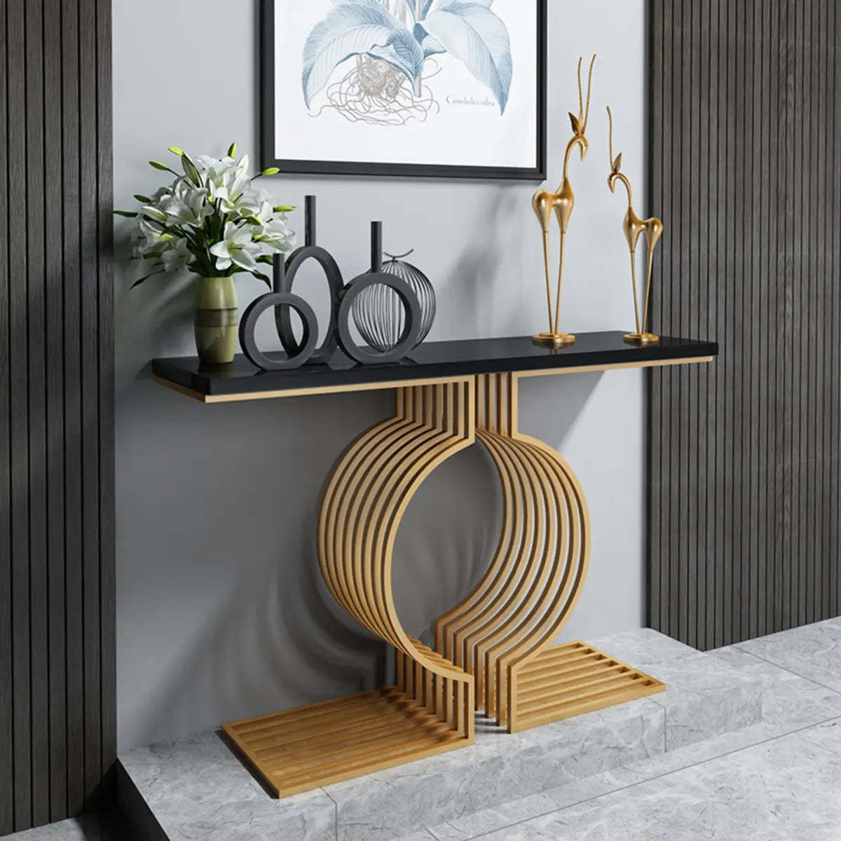 Blue Wood Geometric Entry Console Table — White