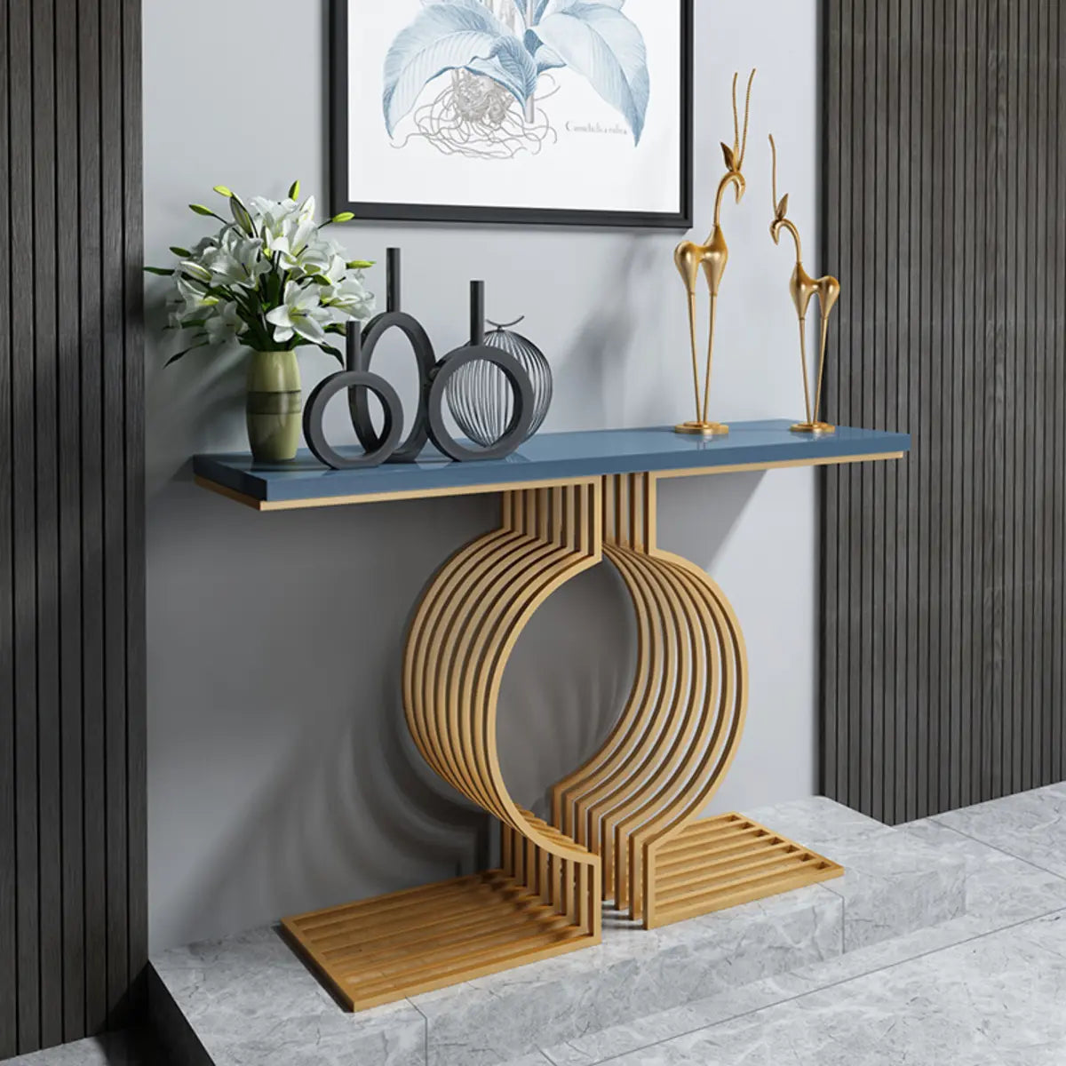 Blue Wood Geometric Entry Console Table — Black