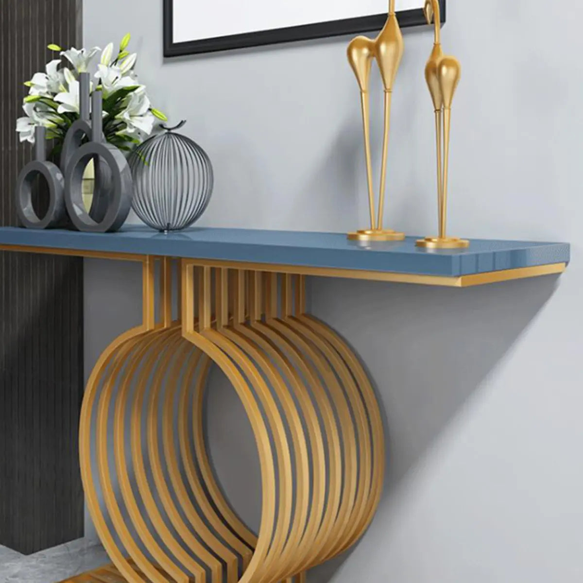 Blue Wood Geometric Entry Console Table — White