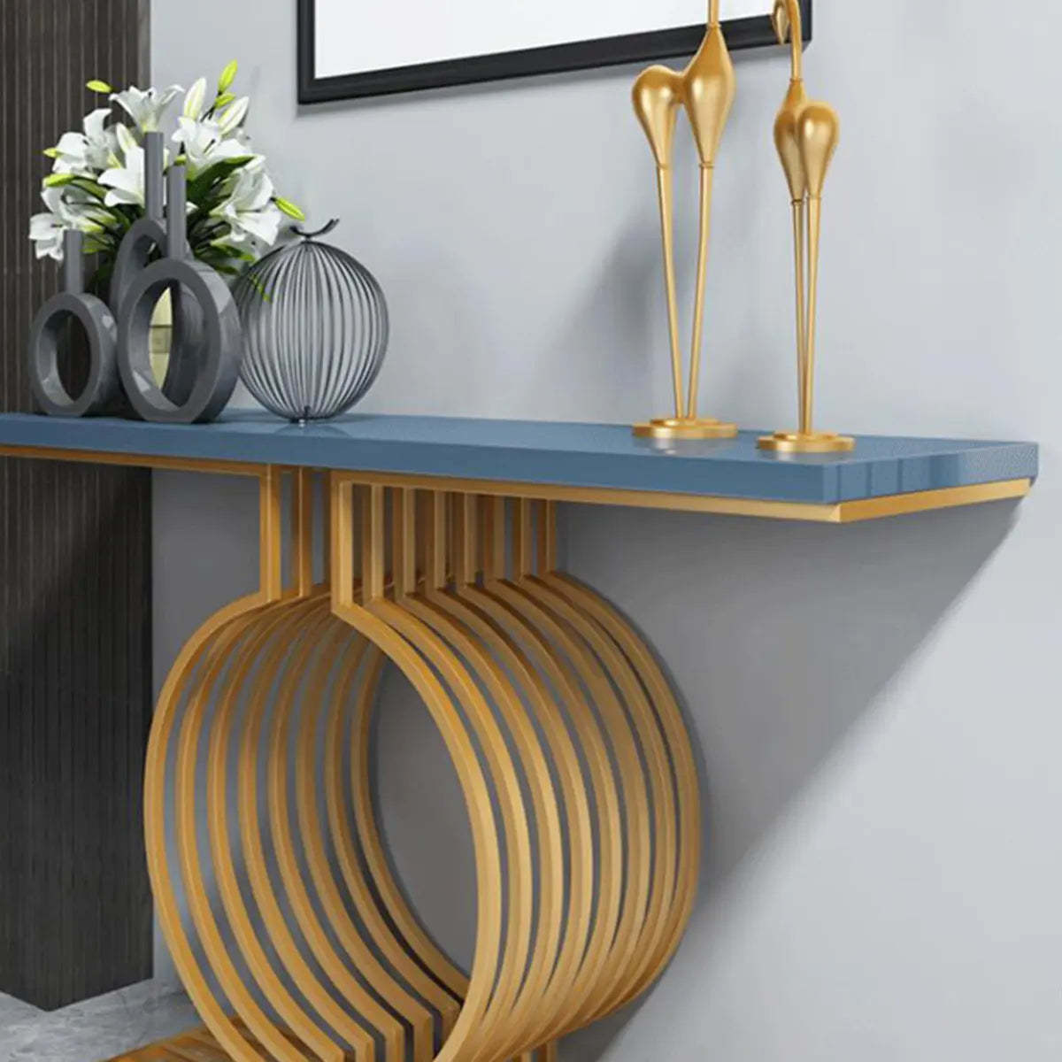 Blue Wood Geometric Entry Console Table — White