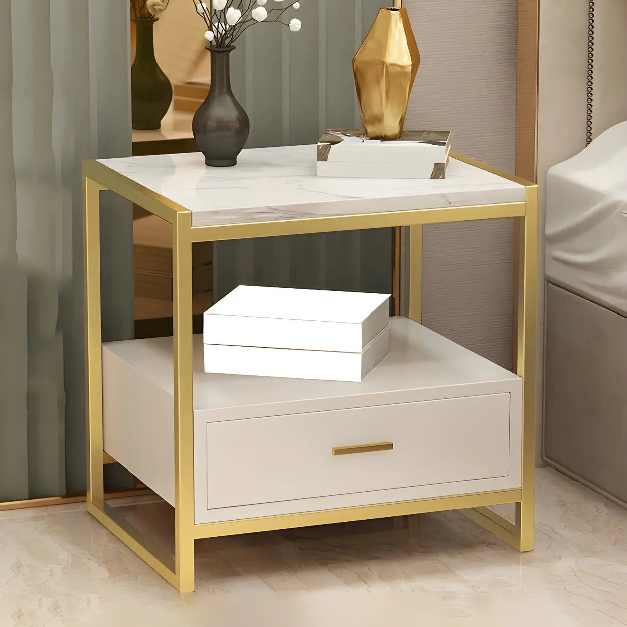 Rectangular White-Gold Faux Marble Storage Nightstand