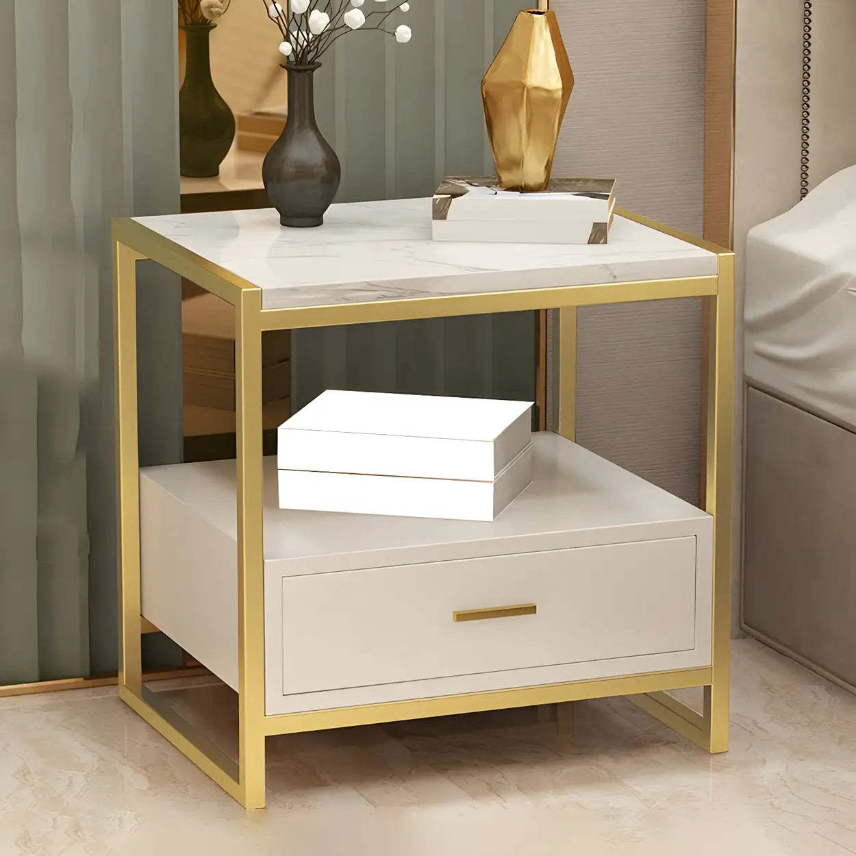 Rectangular White-Gold Faux Marble Storage Nightstand