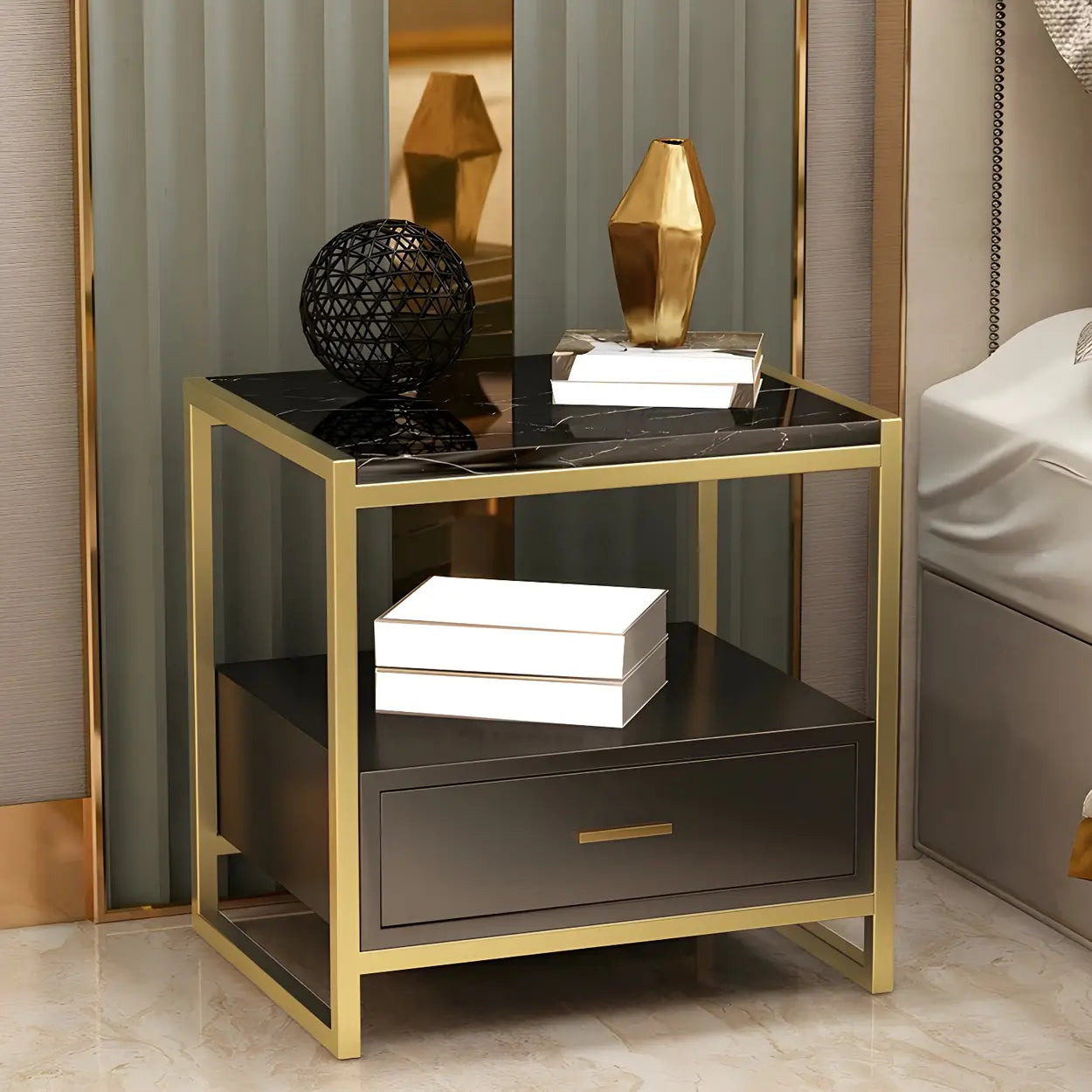Rectangular White-Gold Faux Marble Storage Nightstand — Black and White / 1 Piece