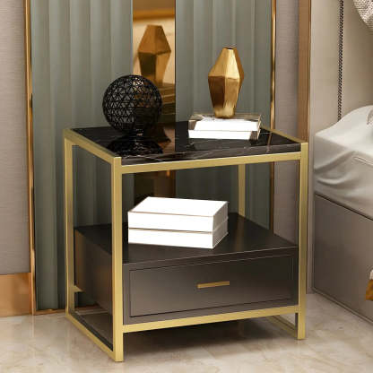 Rectangular White-Gold Faux Marble Storage Nightstand — Black and White / 1 Piece