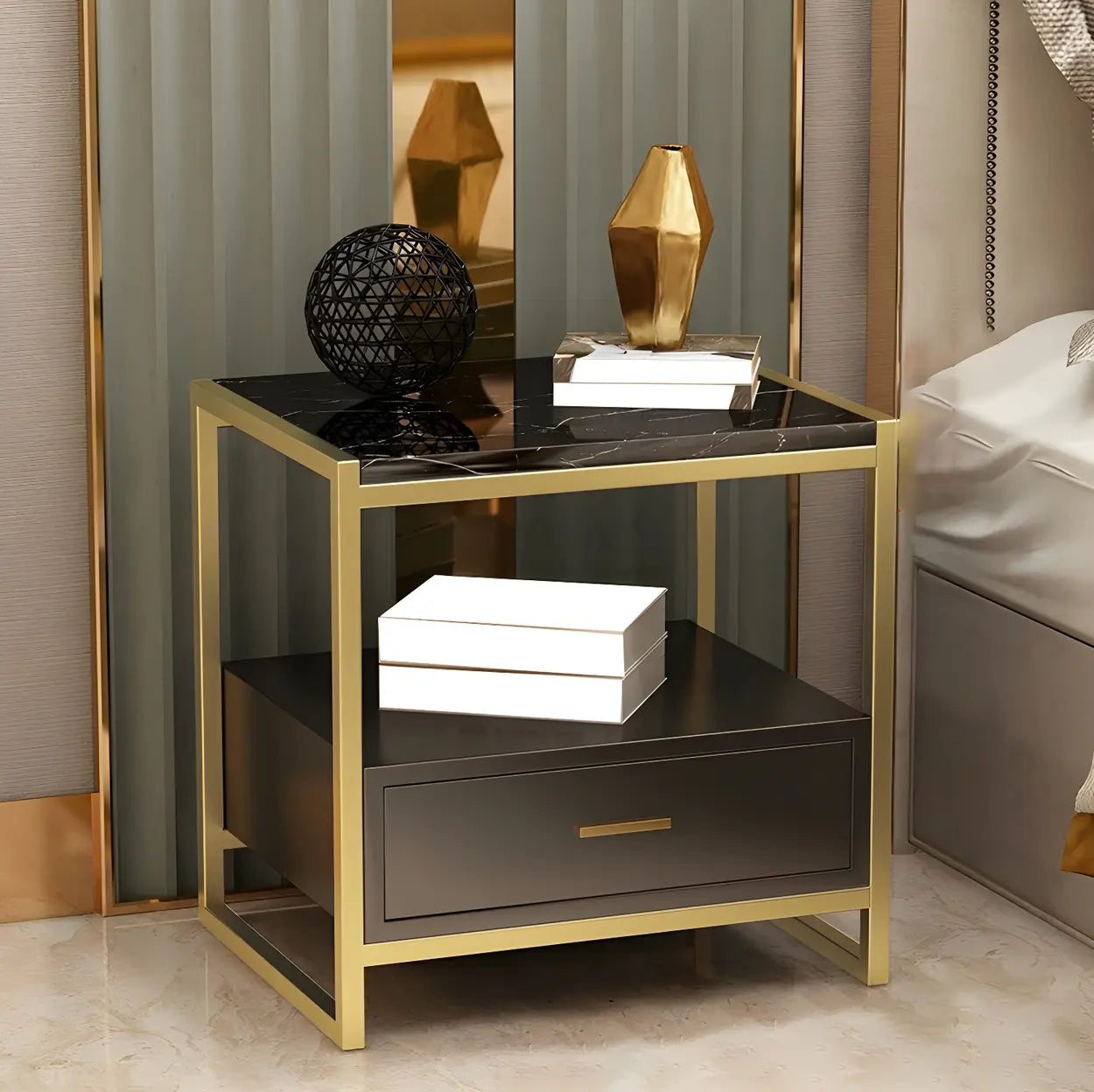 Rectangular White-Gold Faux Marble Storage Nightstand