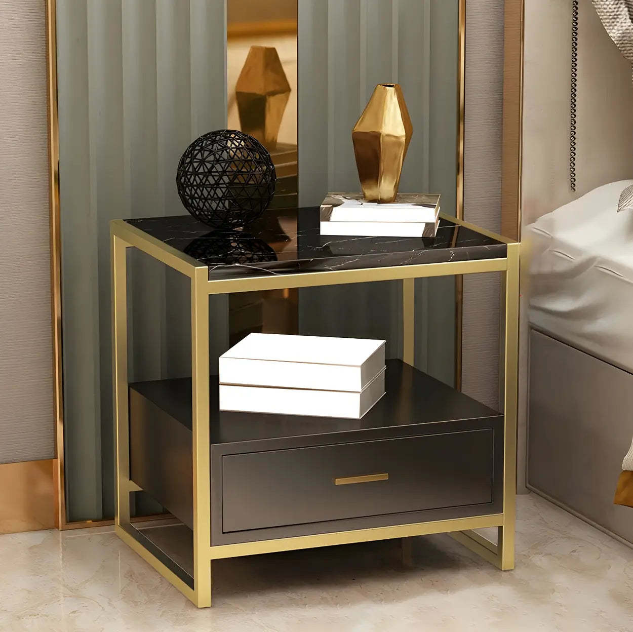 Rectangular White-Gold Faux Marble Storage Nightstand