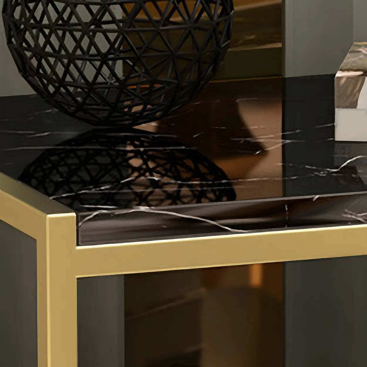 Rectangular White-Gold Faux Marble Storage Nightstand — Black and White / 2 Piece Set
