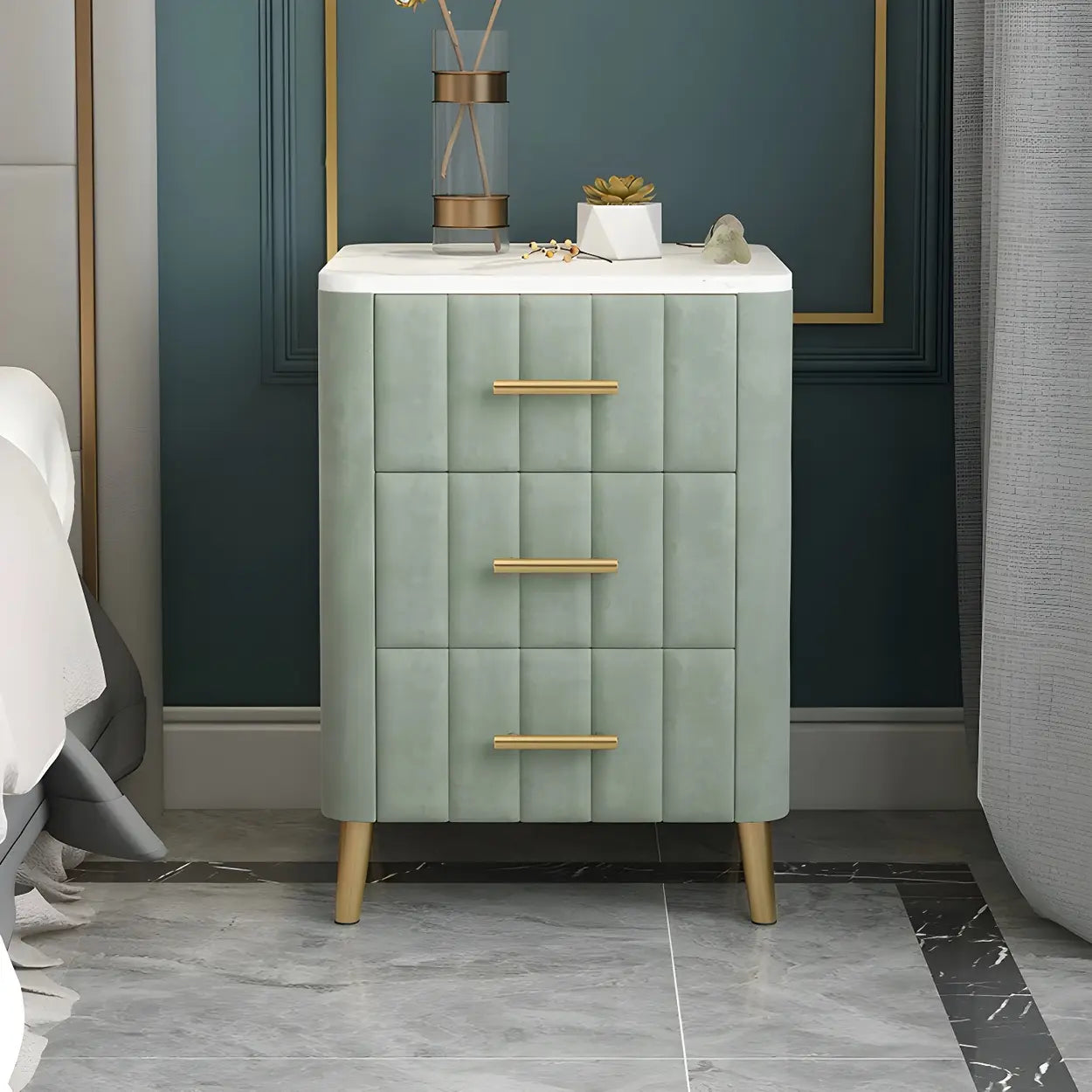 Rectangular White-Gold Faux Marble Storage Nightstand