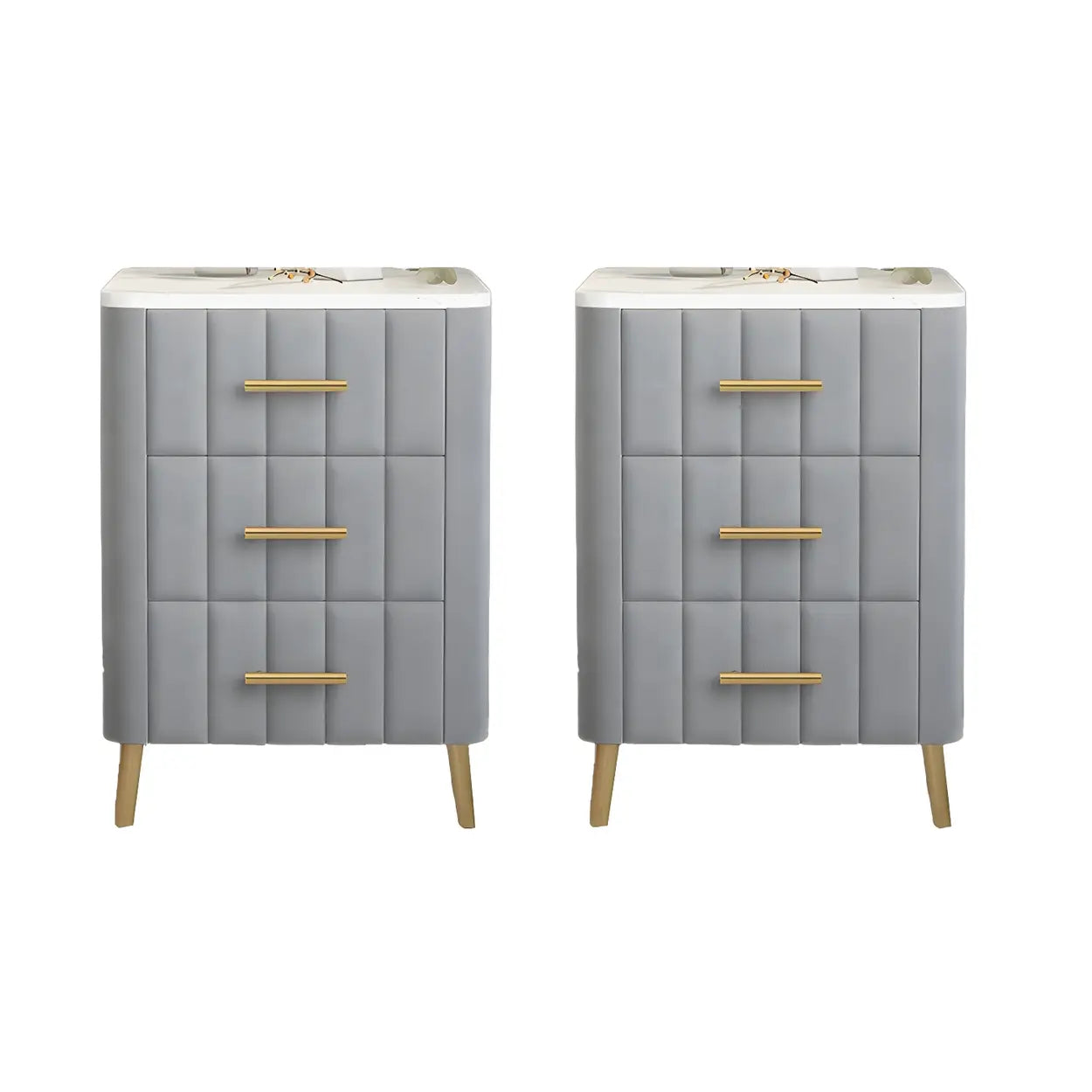 Rectangular White-Gold Faux Marble Storage Nightstand — White / 2 Piece Set