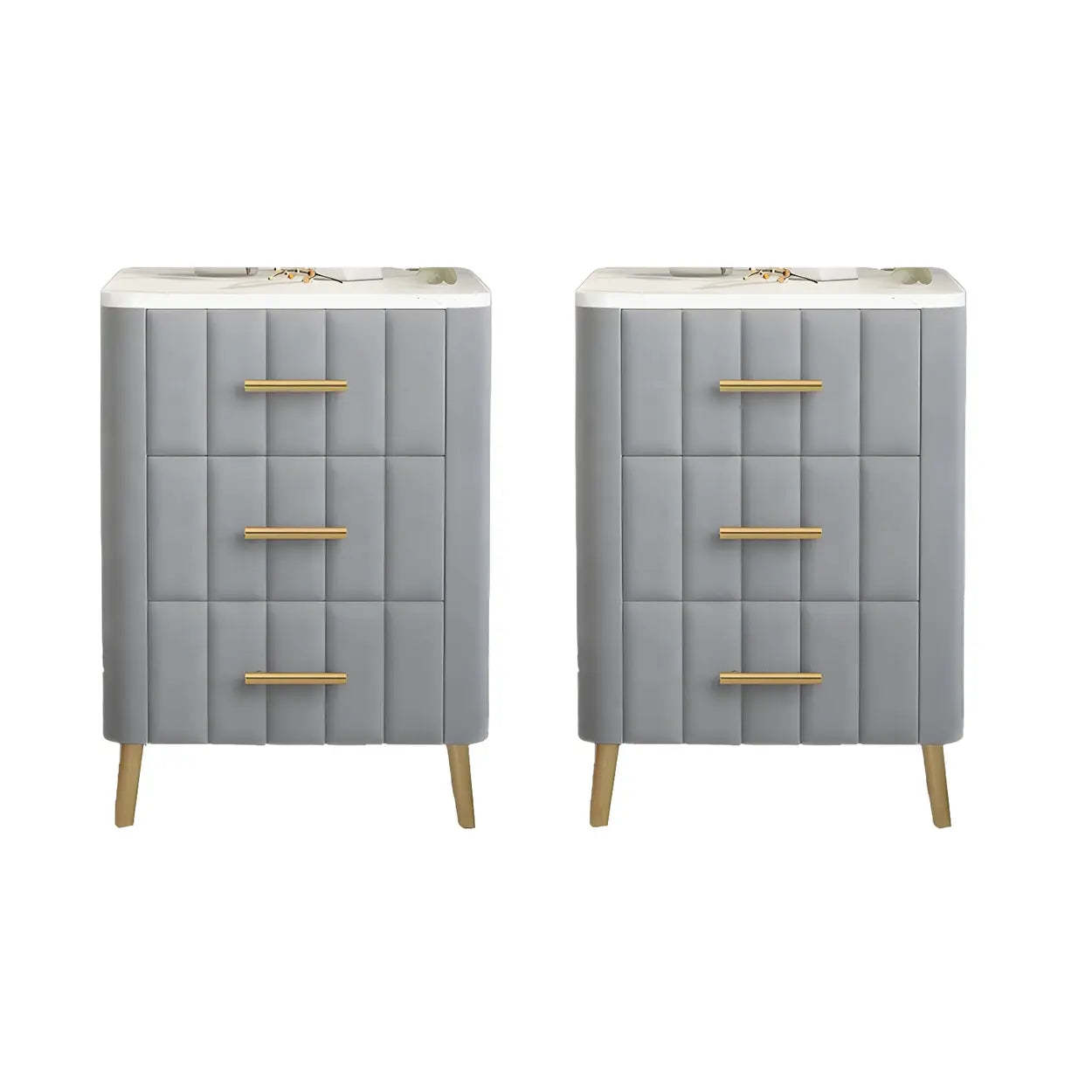 Rectangular White-Gold Faux Marble Storage Nightstand — White / 2 Piece Set