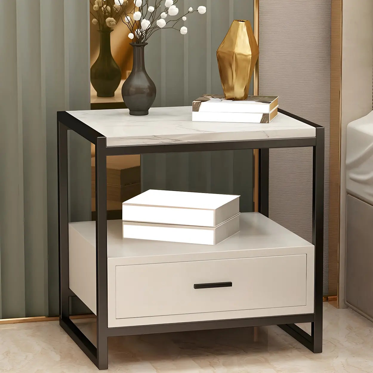 Rectangular White-Gold Faux Marble Storage Nightstand