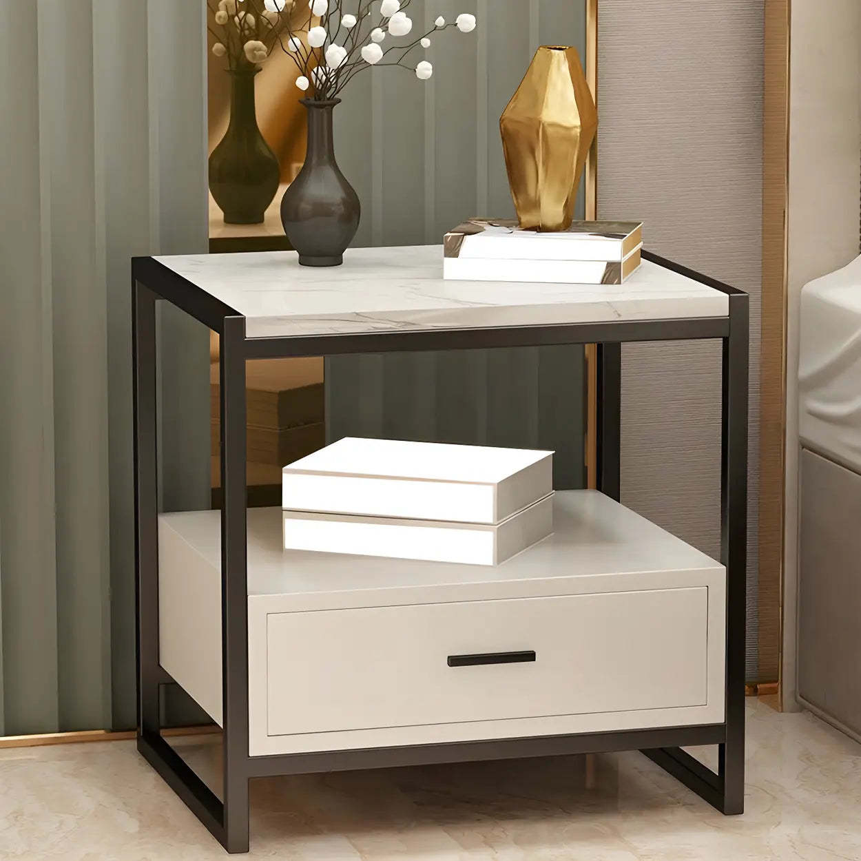 Rectangular White-Gold Faux Marble Storage Nightstand