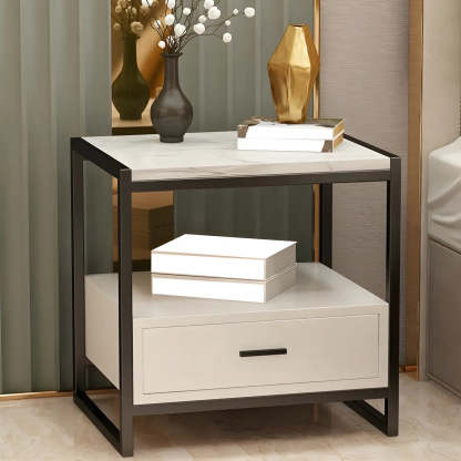 Rectangular White-Gold Faux Marble Storage Nightstand