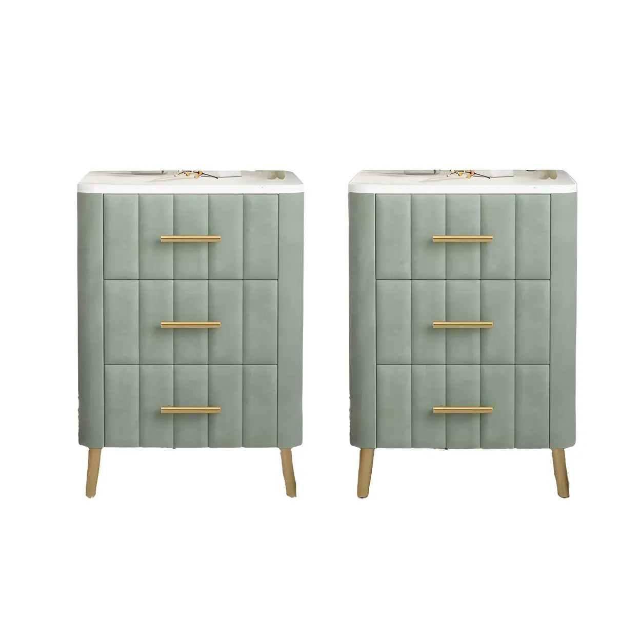 Rectangular White-Gold Faux Marble Storage Nightstand — Green / 2 Piece Set
