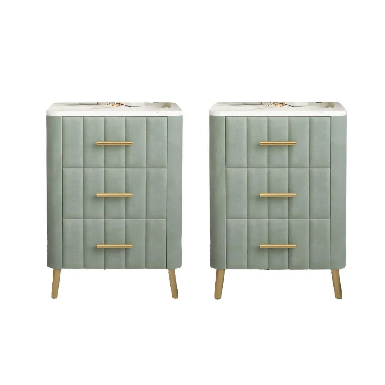 Rectangular White-Gold Faux Marble Storage Nightstand — Green / 2 Piece Set