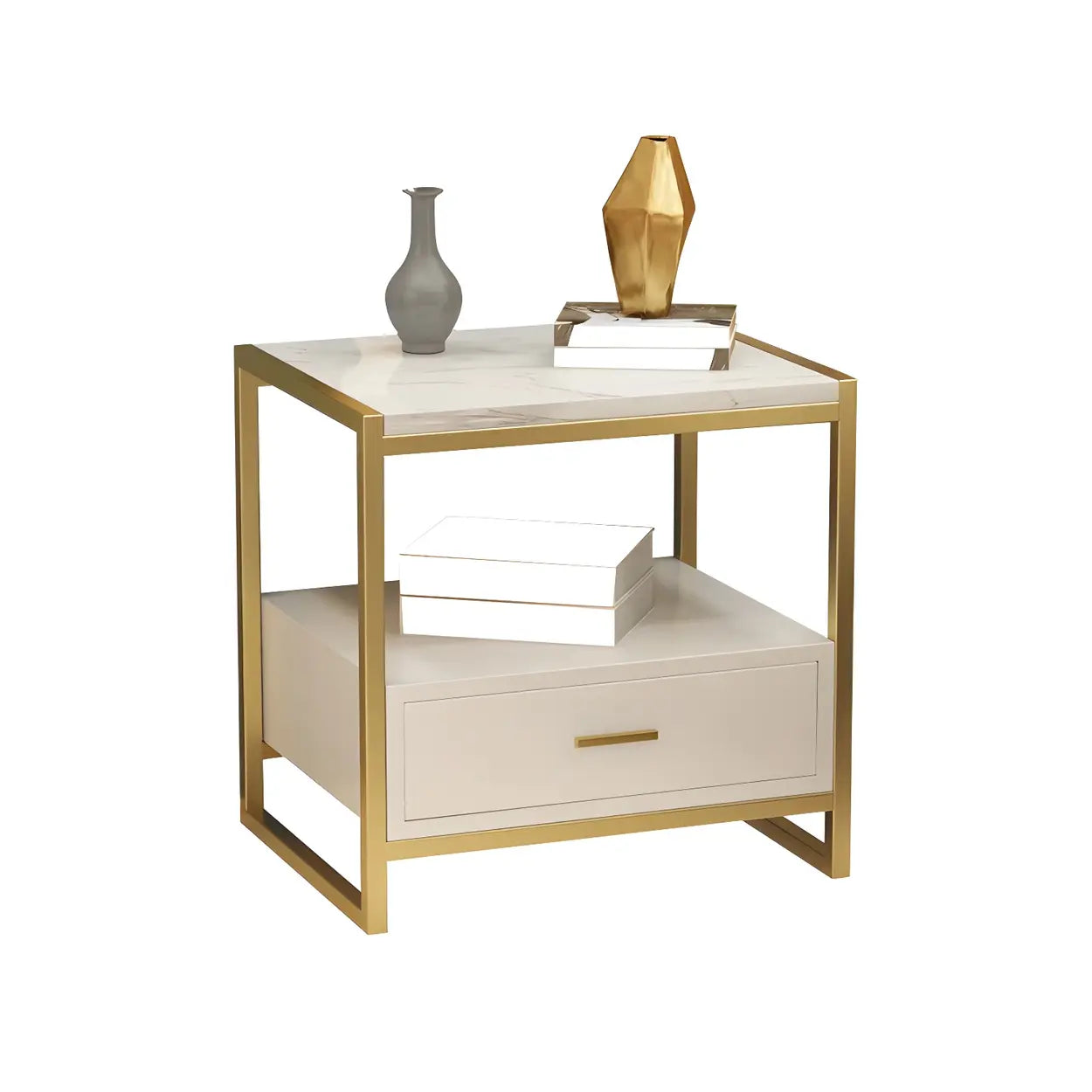 Rectangular White-Gold Faux Marble Storage Nightstand