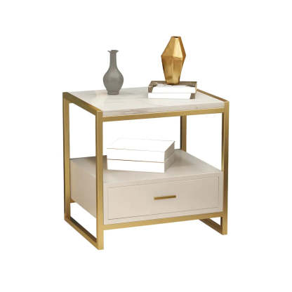 Rectangular White-Gold Faux Marble Storage Nightstand