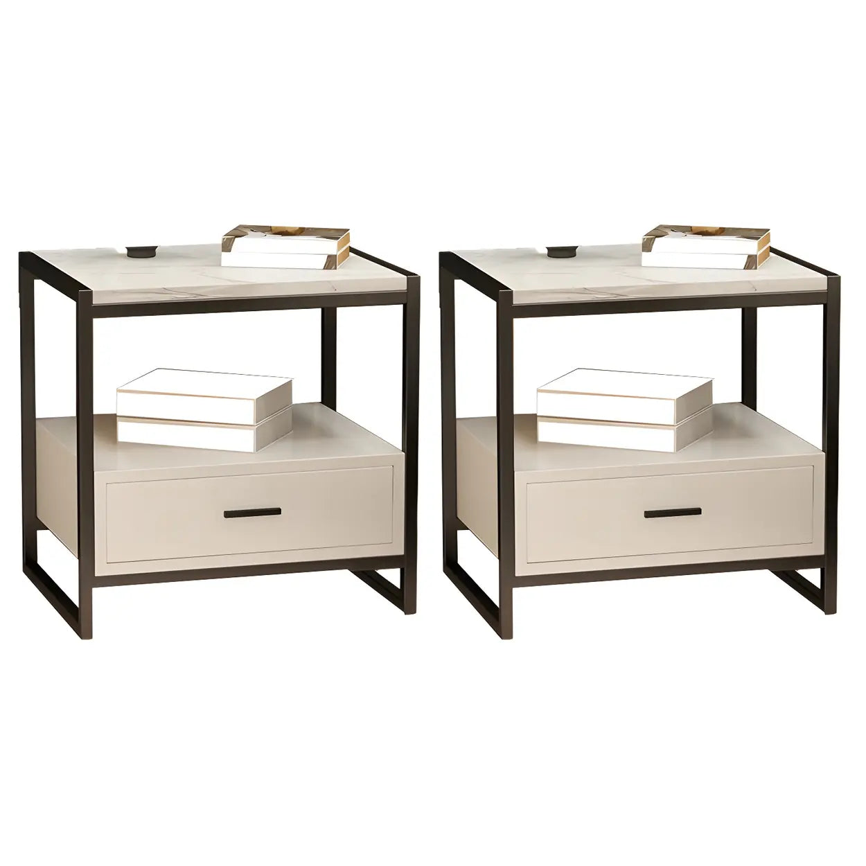 Rectangular White-Gold Faux Marble Storage Nightstand — Black-Gold / 1 Piece