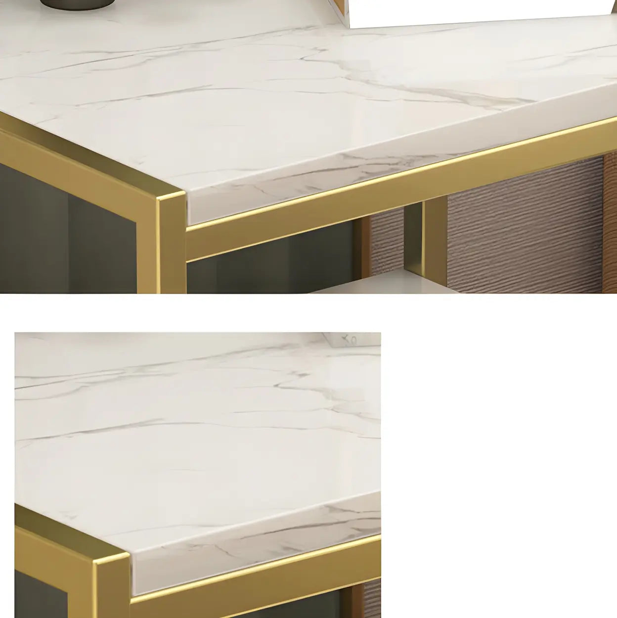 Rectangular White-Gold Faux Marble Storage Nightstand