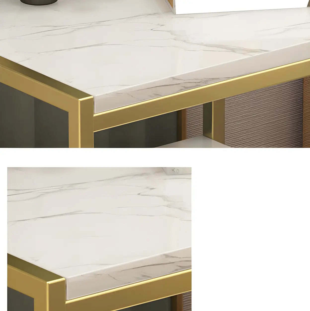 Rectangular White-Gold Faux Marble Storage Nightstand