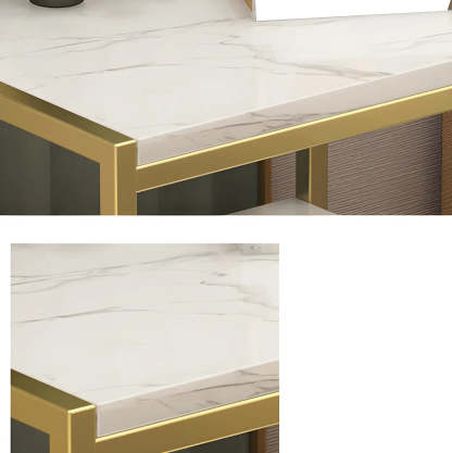 Rectangular White-Gold Faux Marble Storage Nightstand