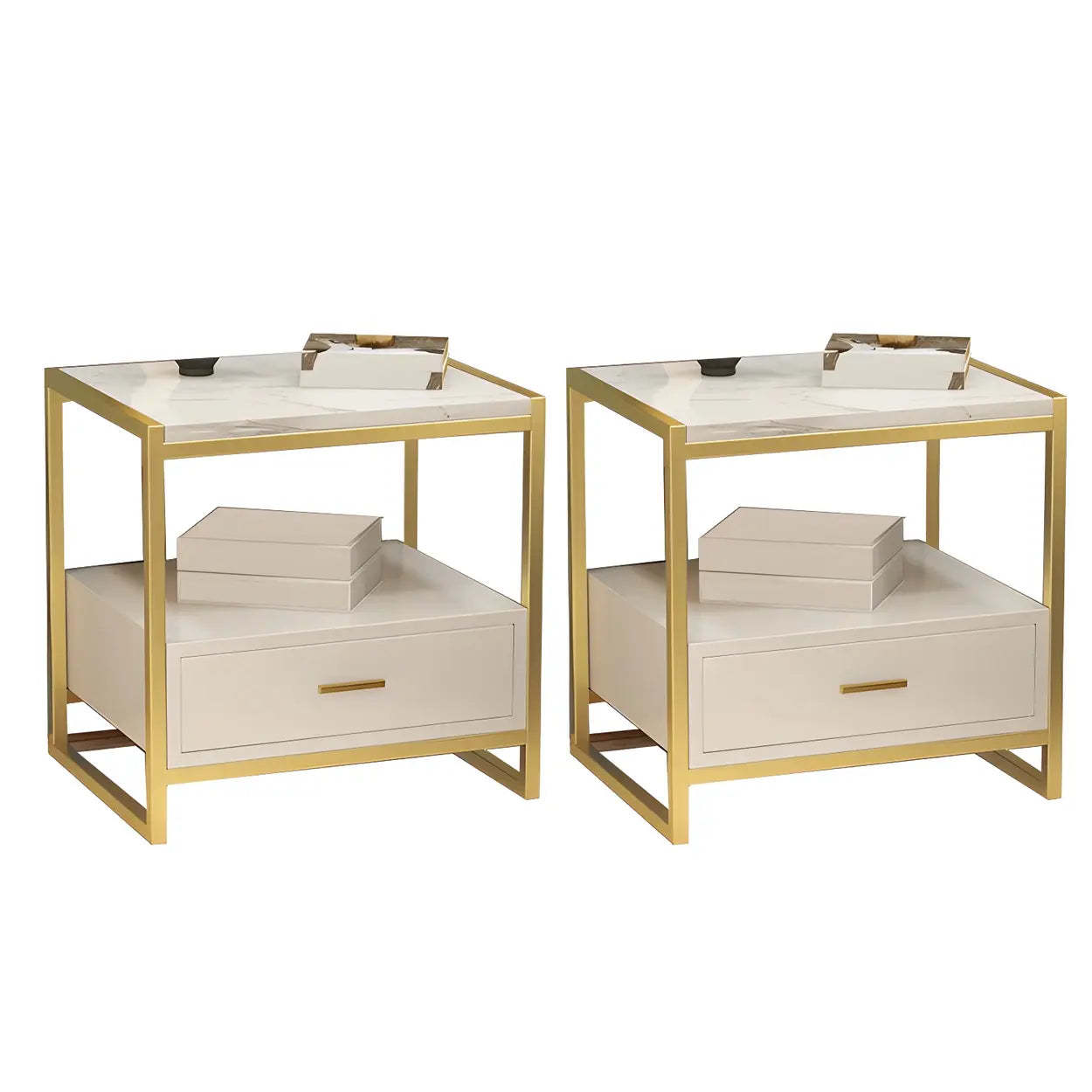 Modern storage rectangular nightstands in marble — White & Gold / Set of 2