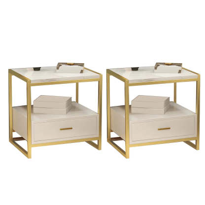 Rectangular White-Gold Faux Marble Storage Nightstand — Black-Gold / 2 Piece Set