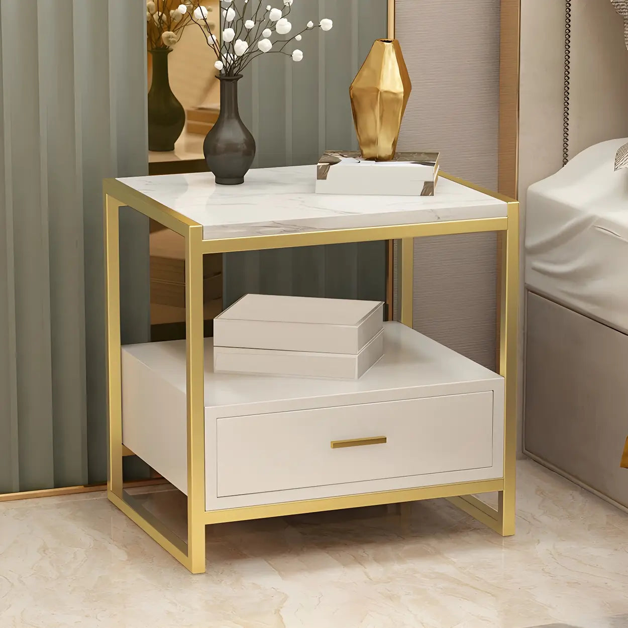 Rectangular White-Gold Faux Marble Storage Nightstand