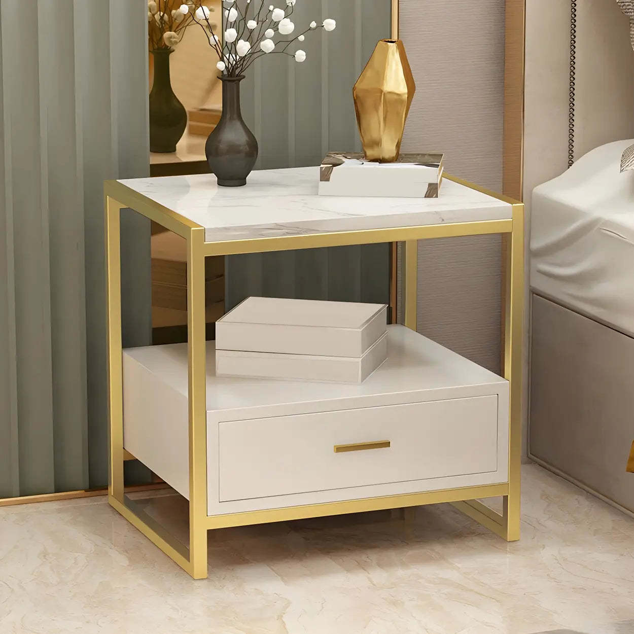 Rectangular White-Gold Faux Marble Storage Nightstand