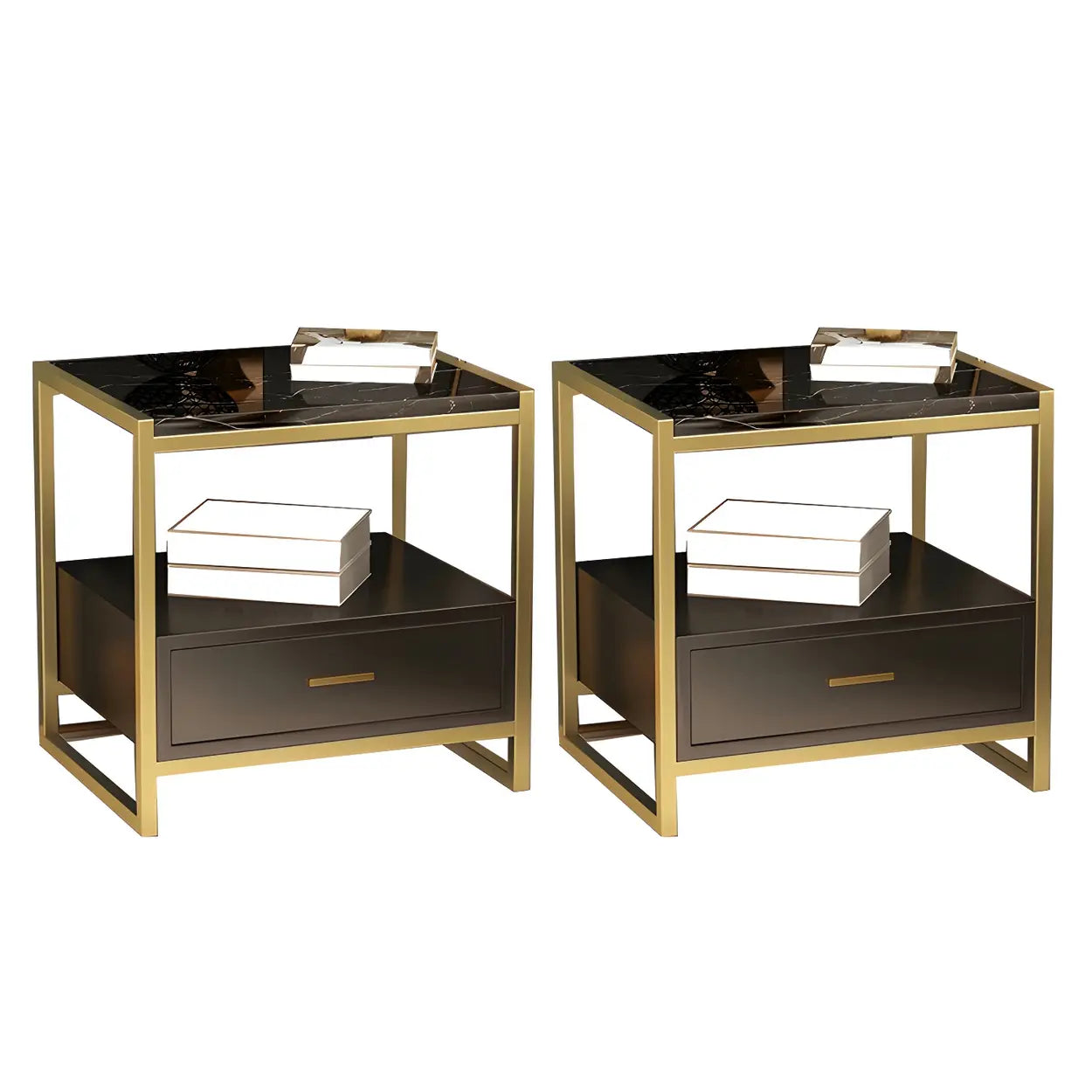Rectangular White-Gold Faux Marble Storage Nightstand — Pink / 2 Piece Set
