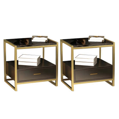Rectangular White-Gold Faux Marble Storage Nightstand — Pink / 2 Piece Set