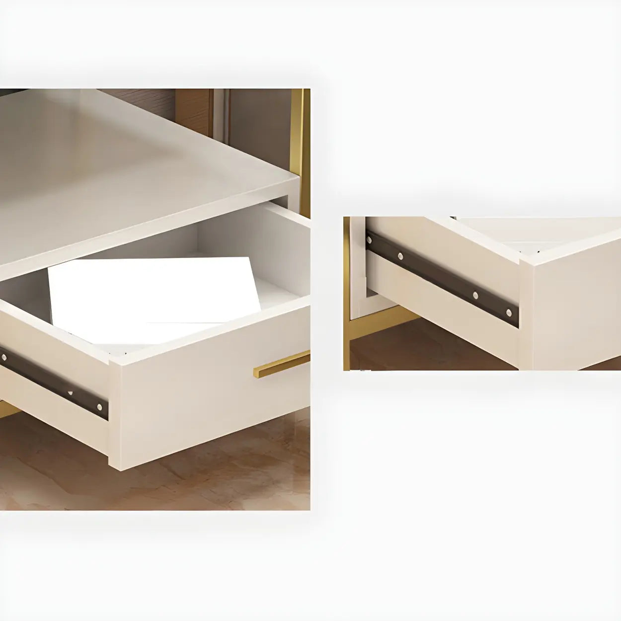 Rectangular White-Gold Faux Marble Storage Nightstand
