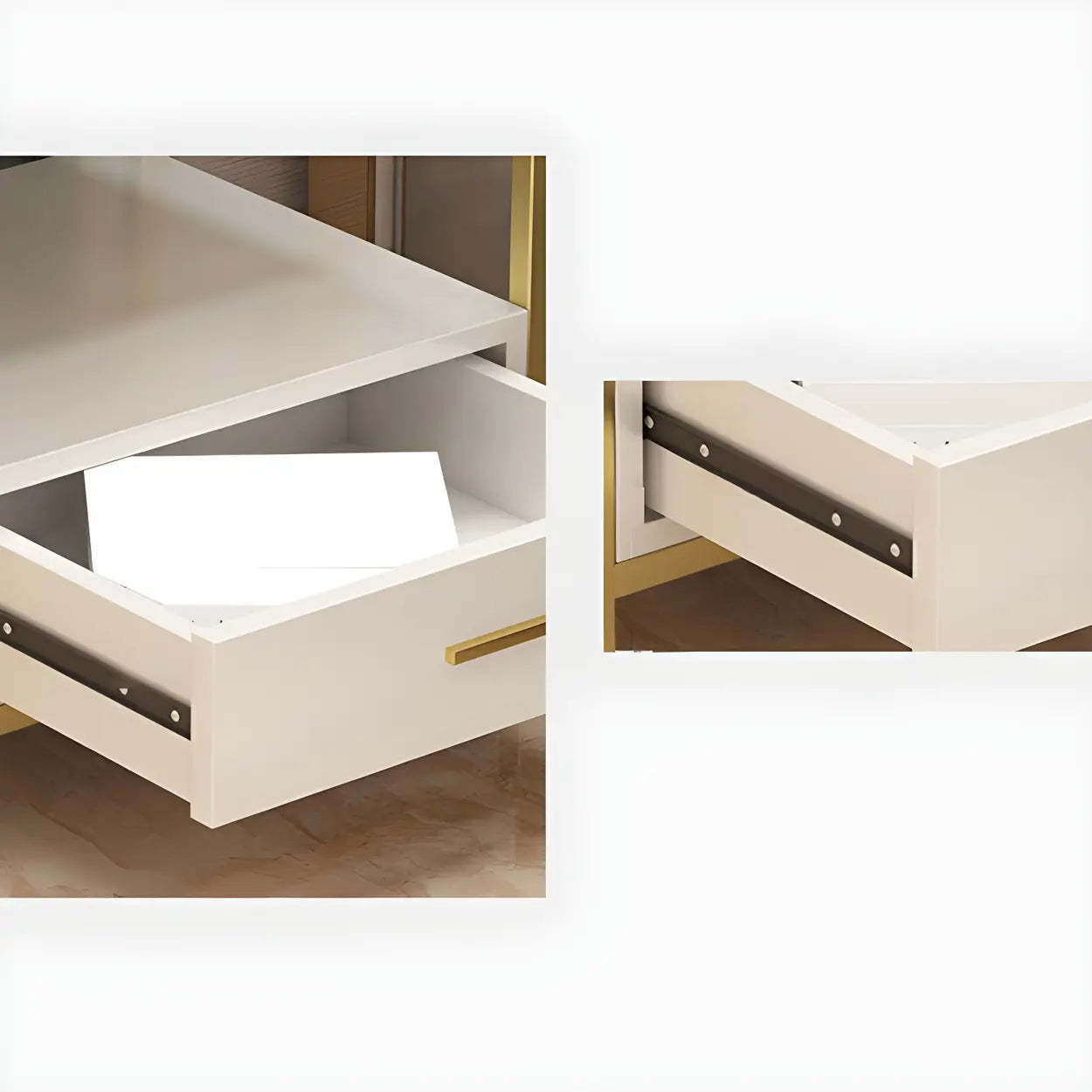Rectangular White-Gold Faux Marble Storage Nightstand