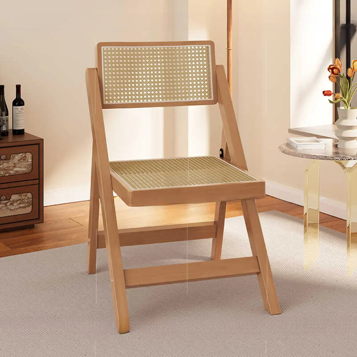 Foldable Wood Woven Plaid Dining Chair — Black