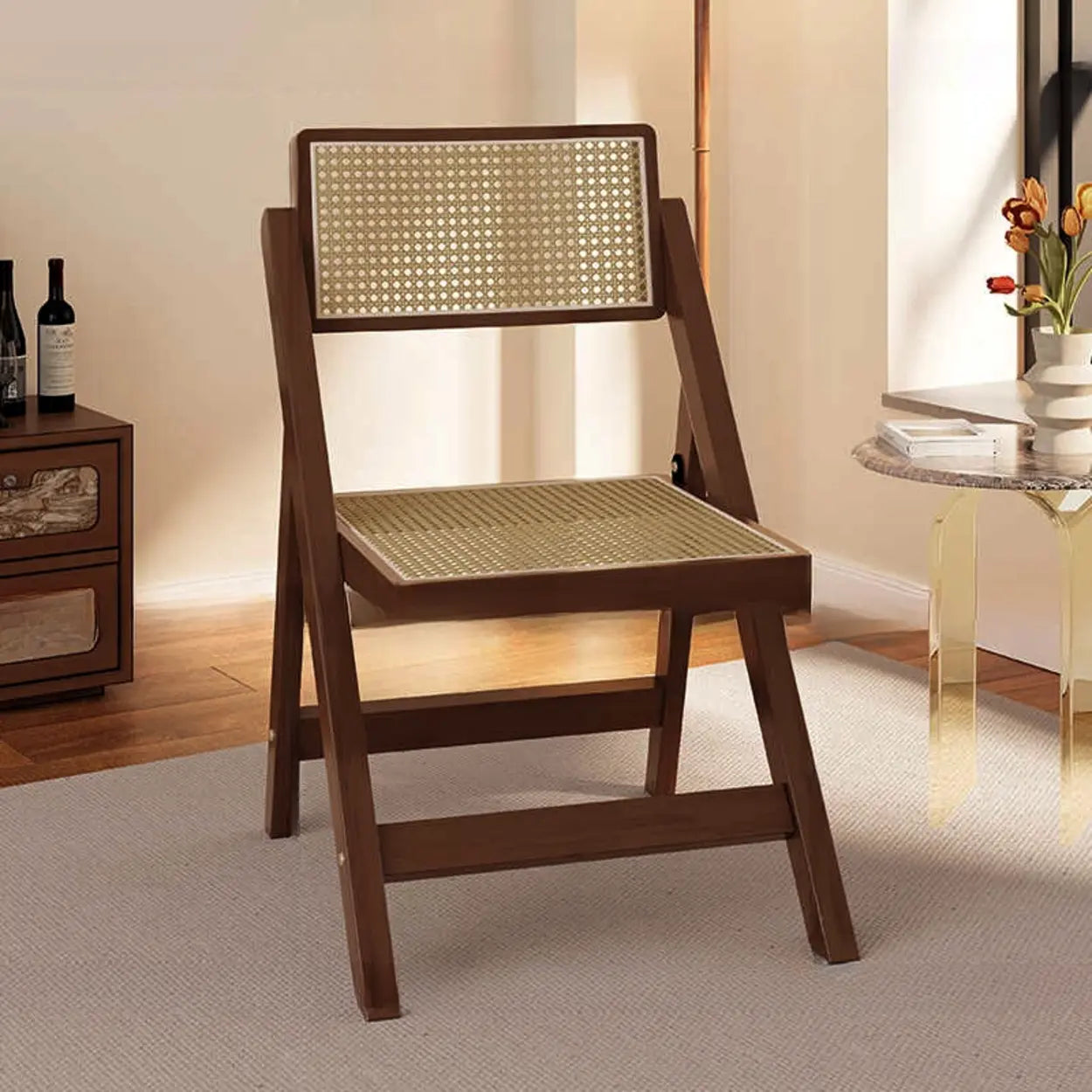 Foldable Wood Woven Plaid Dining Chair — Nut-Brown