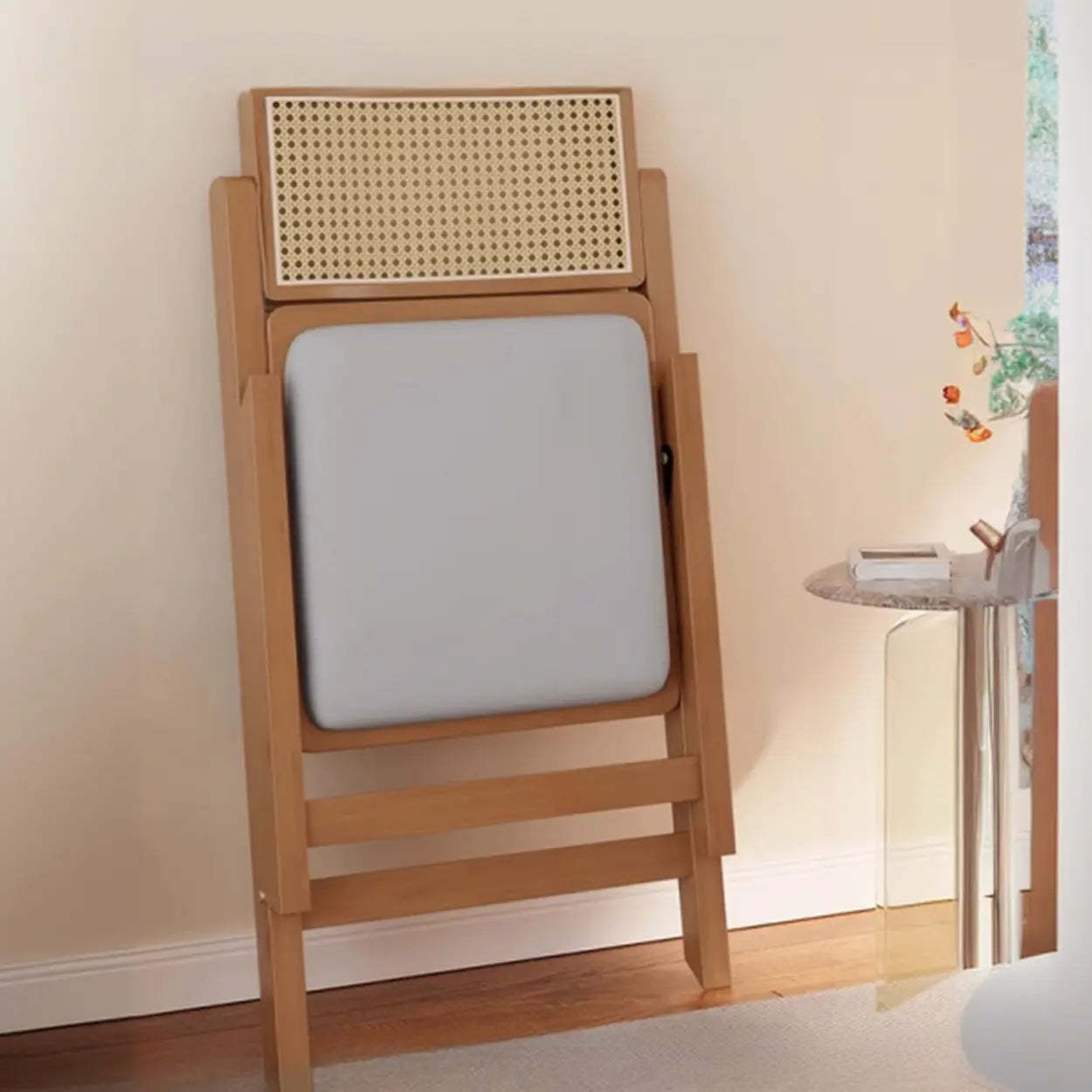 Foldable Wood Woven Plaid Dining Chair — Cherry